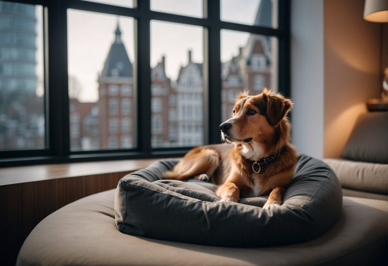 A pet dog lying on his pet bed on top a regular bed while in the back you can see Amsterdam from a window